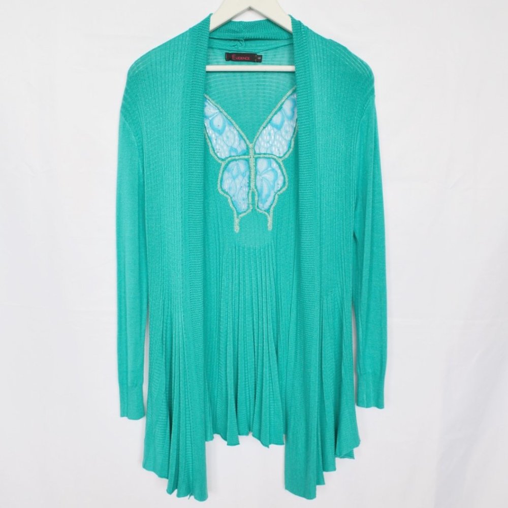 Y2K Rhinestone Butterfly Lace Turquoise Ribbed Cardigan